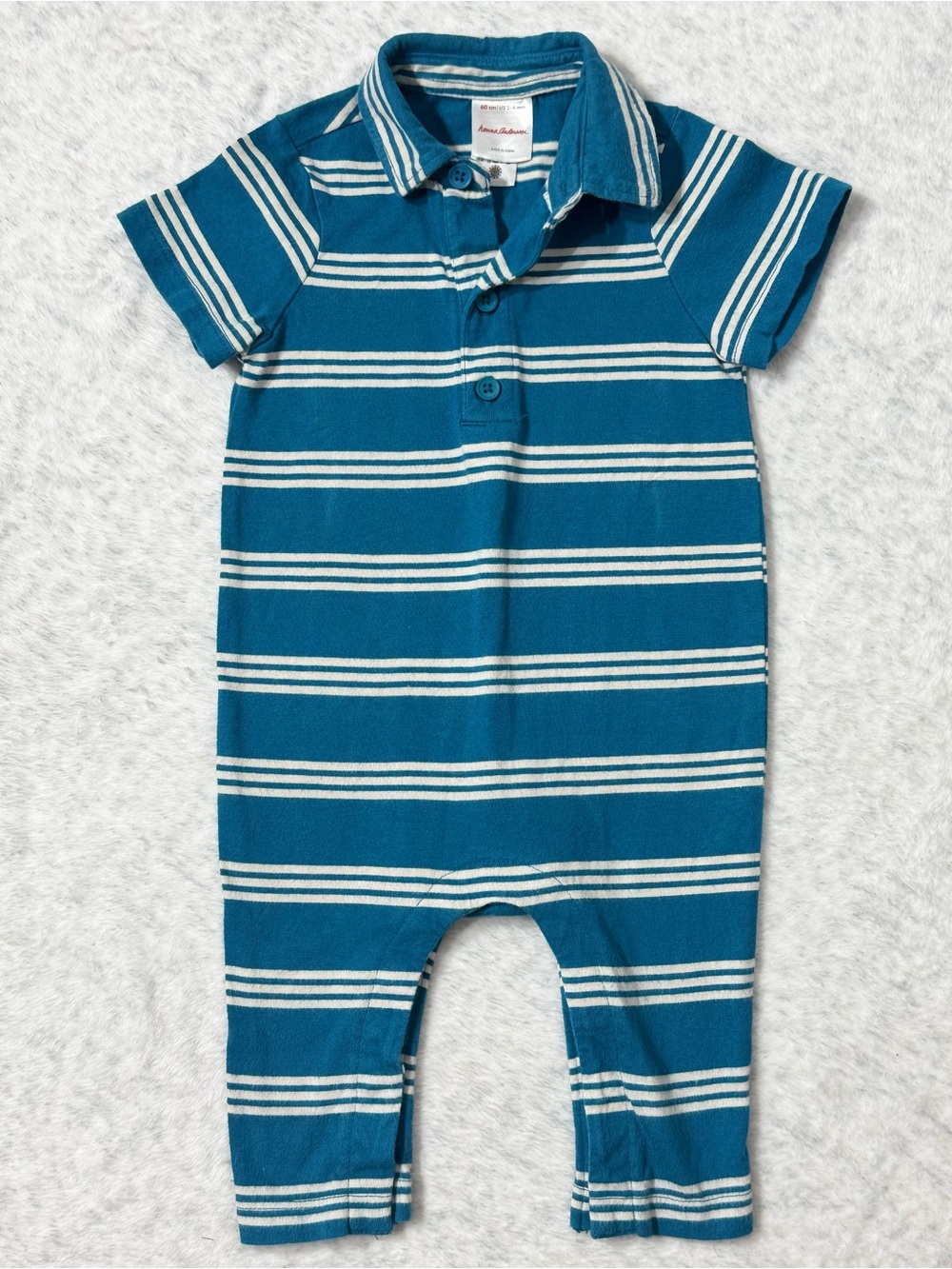 Hanna Andersson Blue Stripe Collared Polo Romper 3-6M Baby Boy Organic Cotton